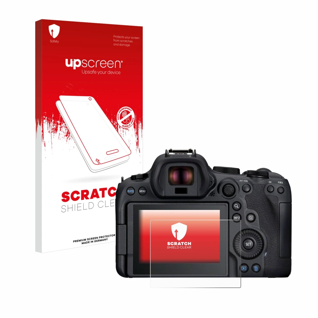 Front side of a product packaging with the brand logo upscreen. Next to it is the device Canon EOS R6 Mark II shown with the c