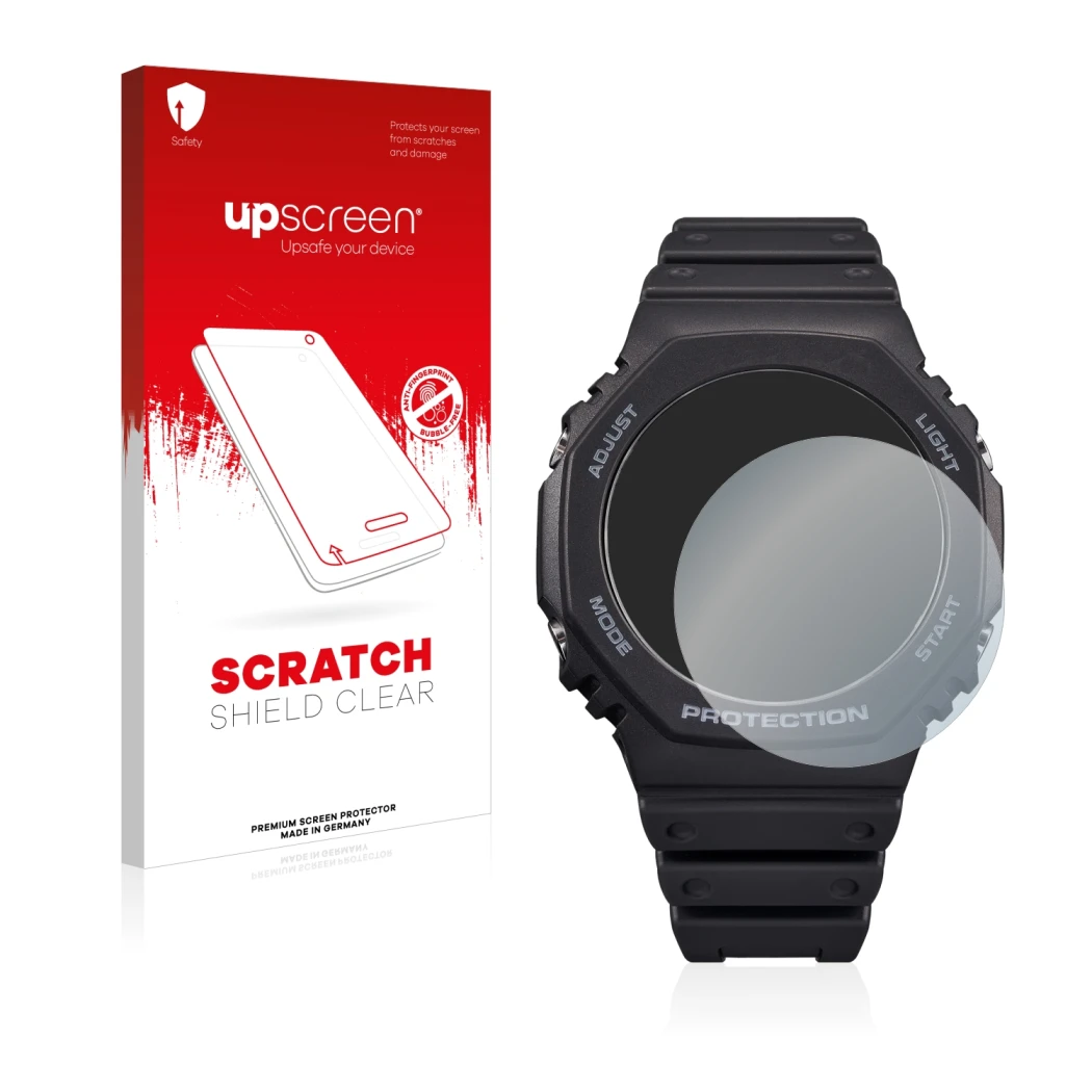 Front side of a product packaging with the brand logo upscreen. Next to it is the device Casio G-Shock GA-B2100 shown with the