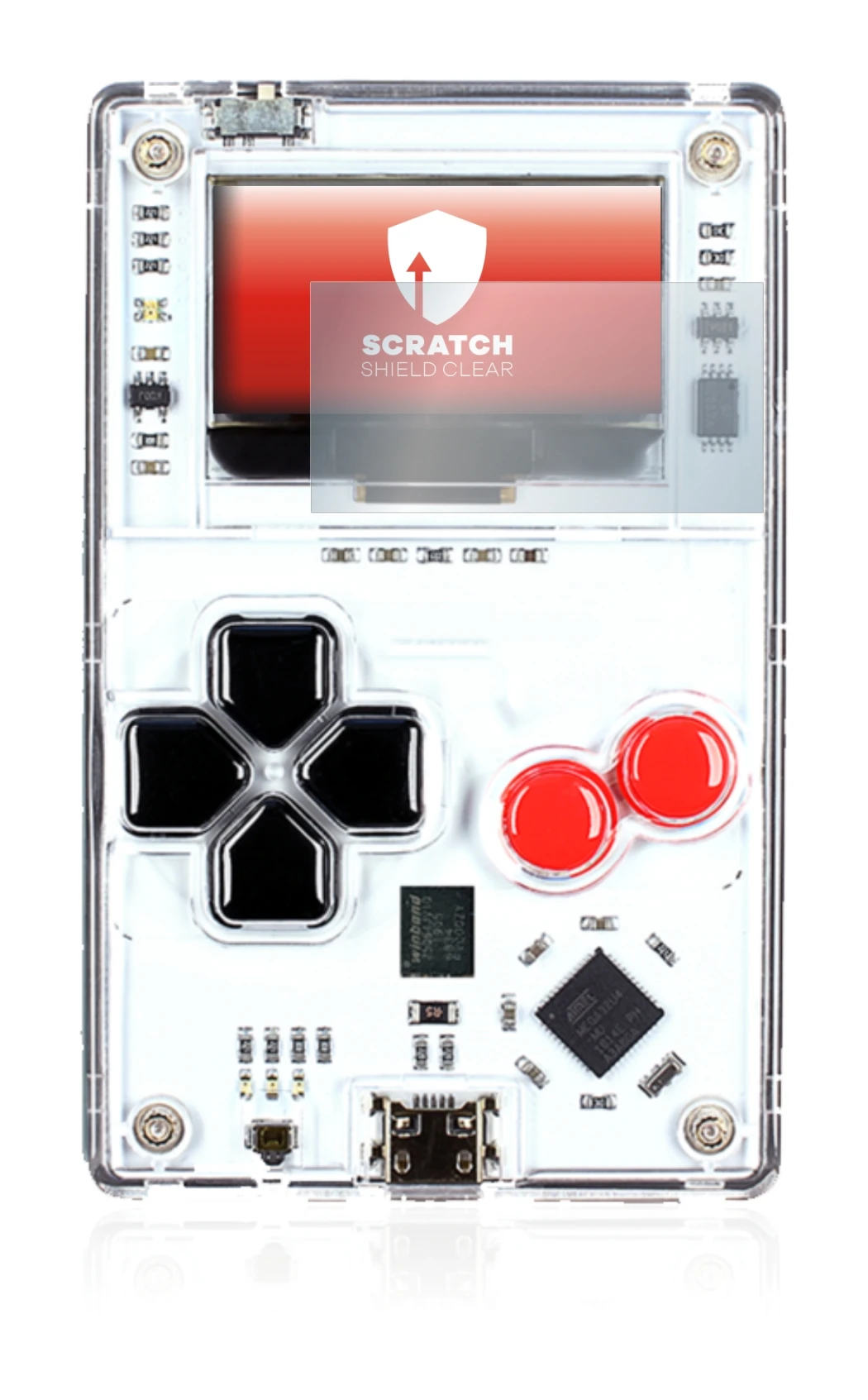 Image of the device Arduboy FX with a wide variety of screen protectors.