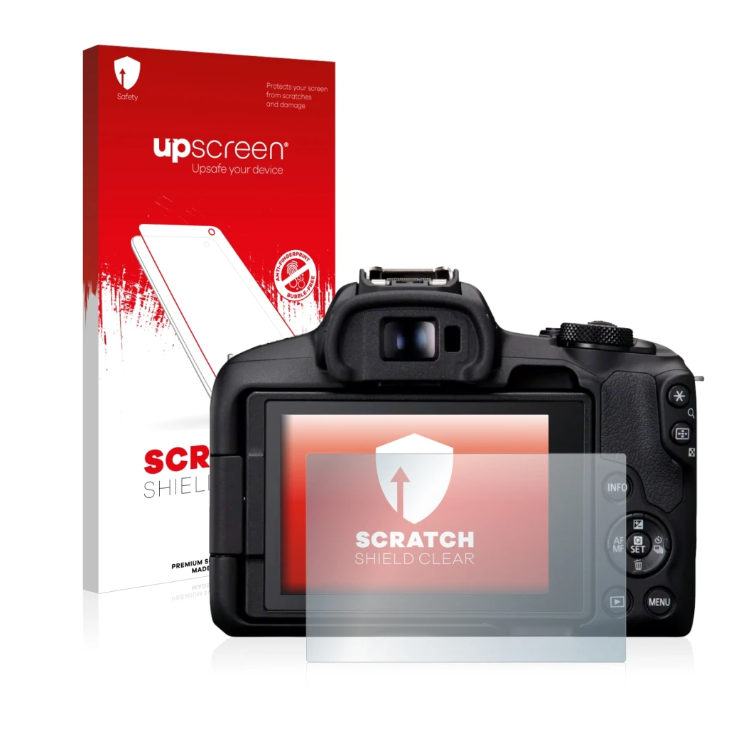 Front side of a product packaging with the brand logo upscreen. Next to it is the device Canon EOS R50 shown with the correspo