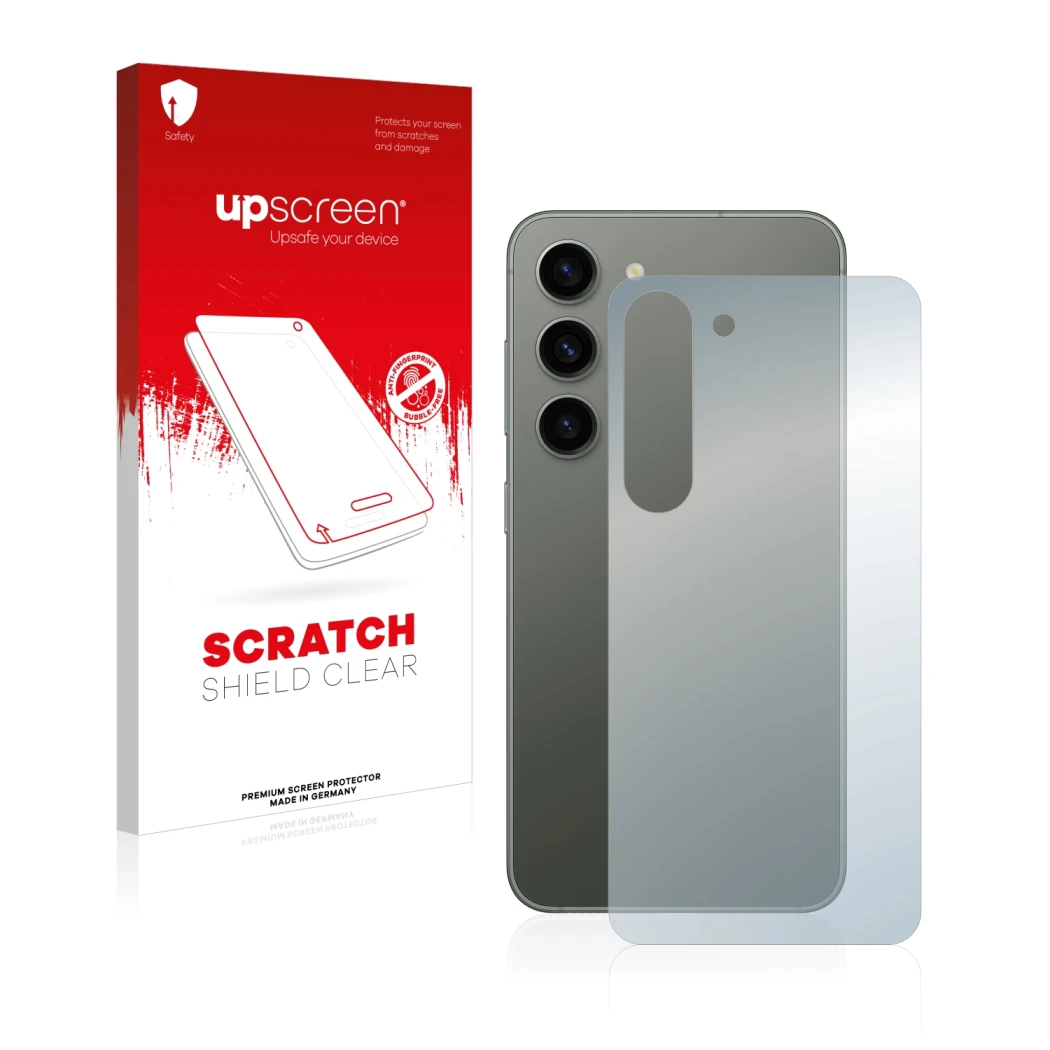 Front side of a product packaging with the brand logo upscreen. Next to it is the device Samsung Galaxy S23 Plus (Back) shown