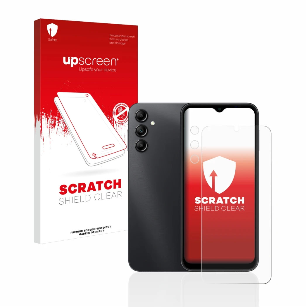 Front side of a product packaging with the brand logo upscreen. Next to it is the device Samsung Galaxy A14 4G (Front+Camera)