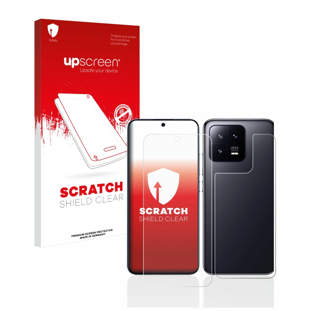 Front side of a product packaging with the brand logo upscreen. Next to it is the device Xiaomi 13 (Front+Back) shown with the