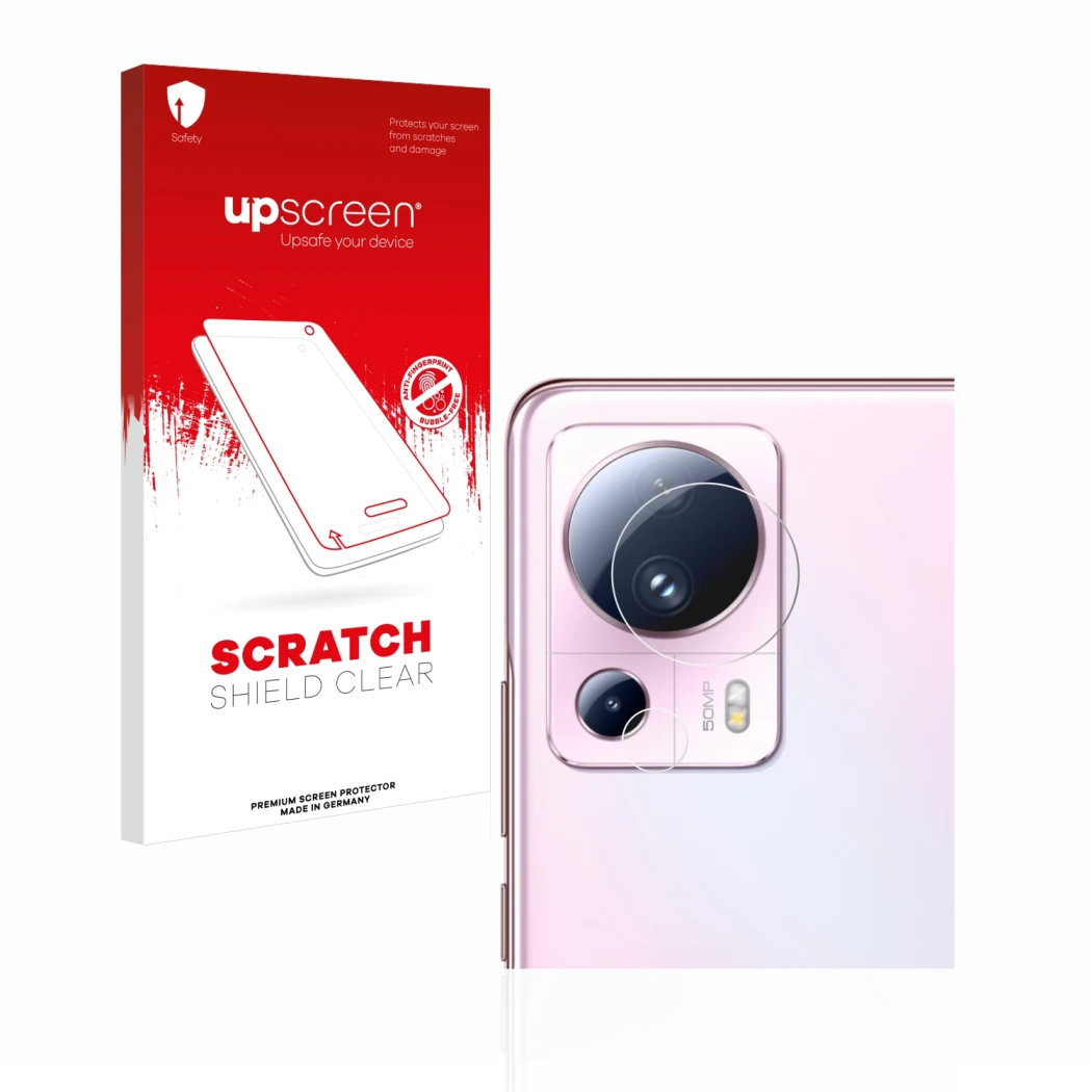 Front side of a product packaging with the brand logo upscreen. Next to it is the device Xiaomi 13 Lite (ONLY Camera Lens) sho
