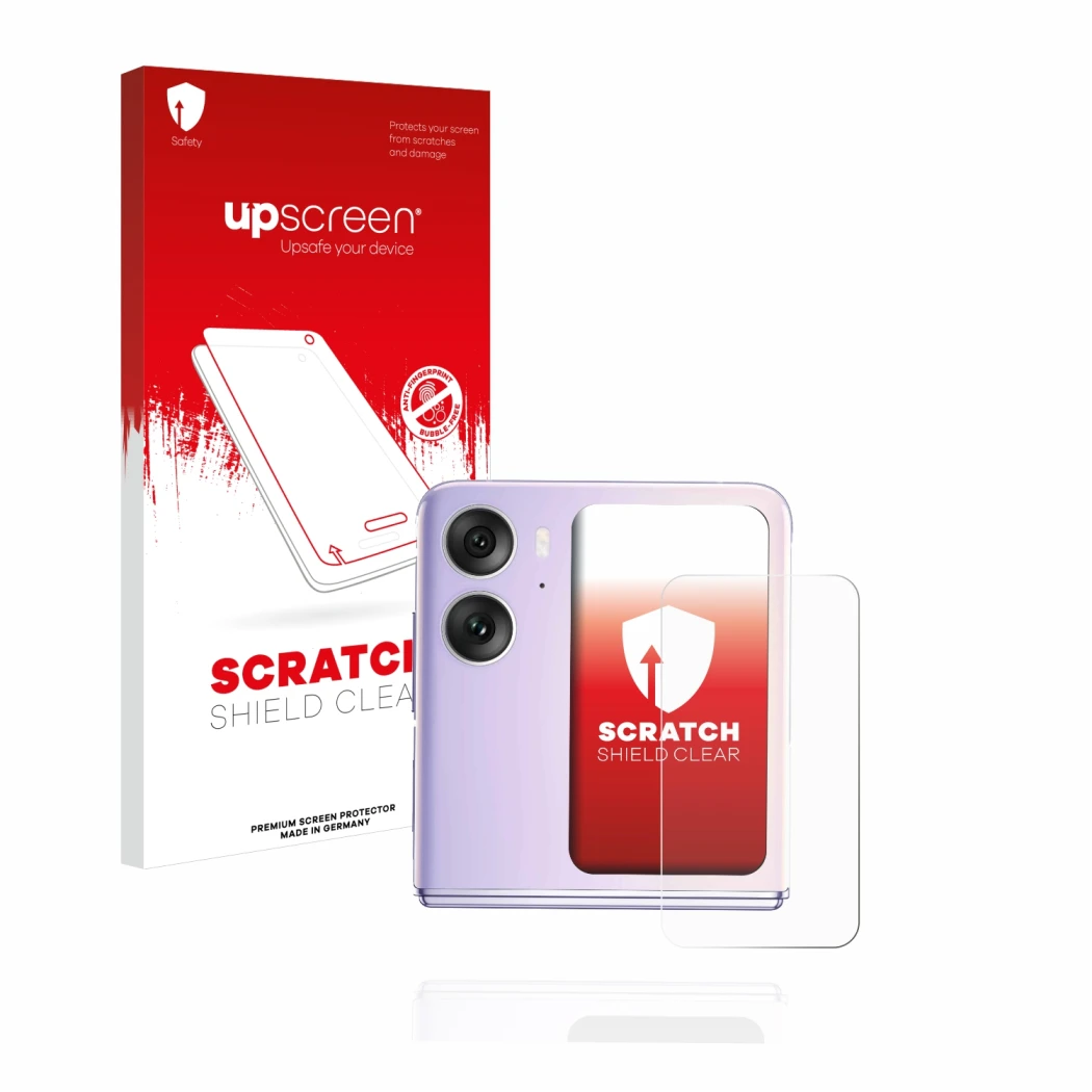 Front side of a product packaging with the brand logo upscreen. Next to it is the device Oppo Find N2 Flip (Back display) show