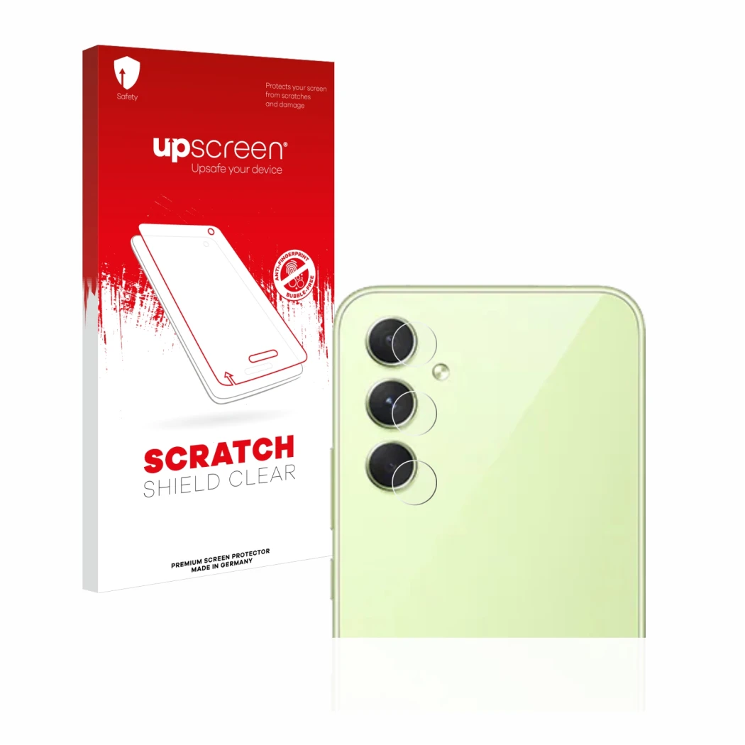 Front side of a product packaging with the brand logo upscreen. Next to it is the device Samsung Galaxy A54 5G (ONLY Camera Le