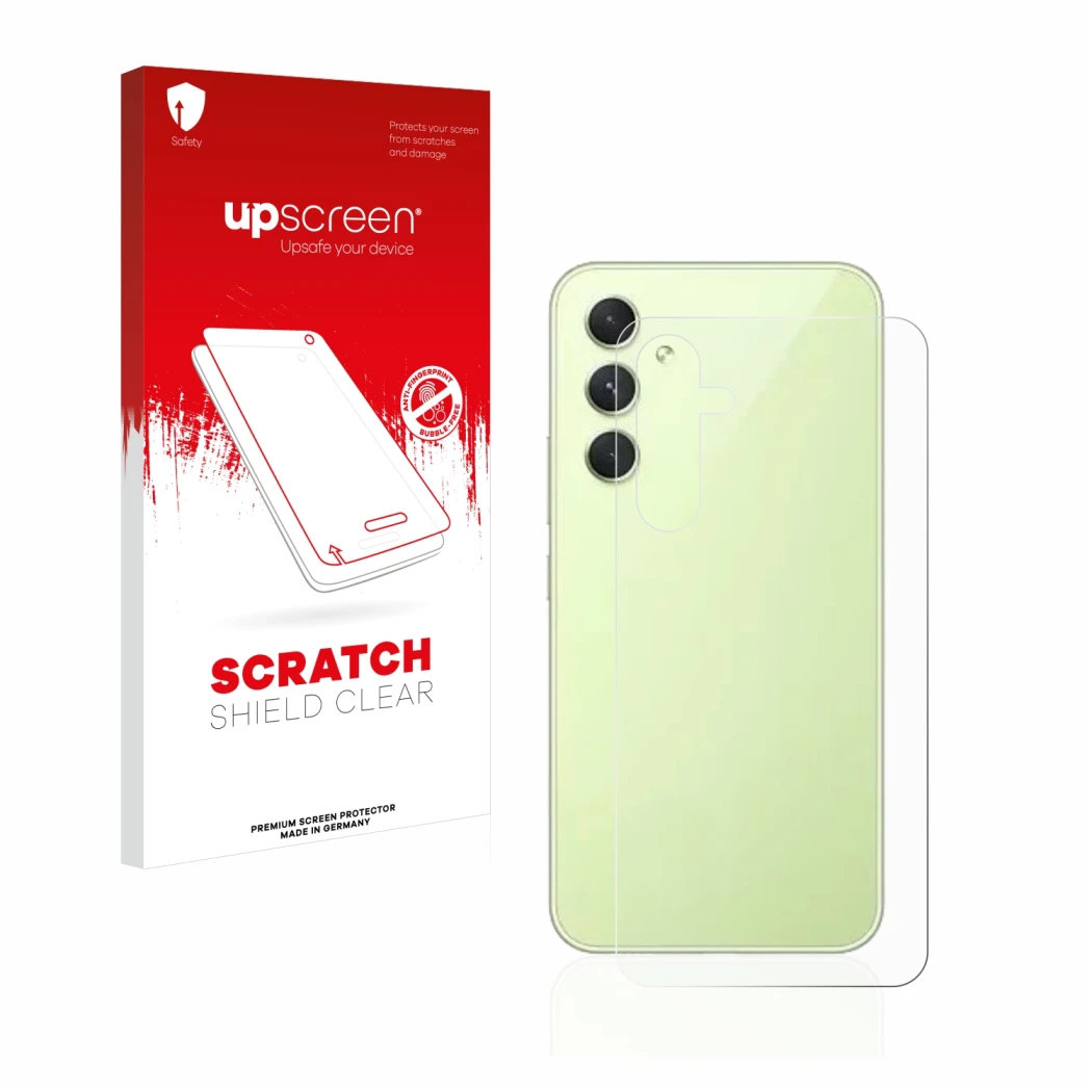 Front side of a product packaging with the brand logo upscreen. Next to it is the device Samsung Galaxy A54 5G (Back) shown wi