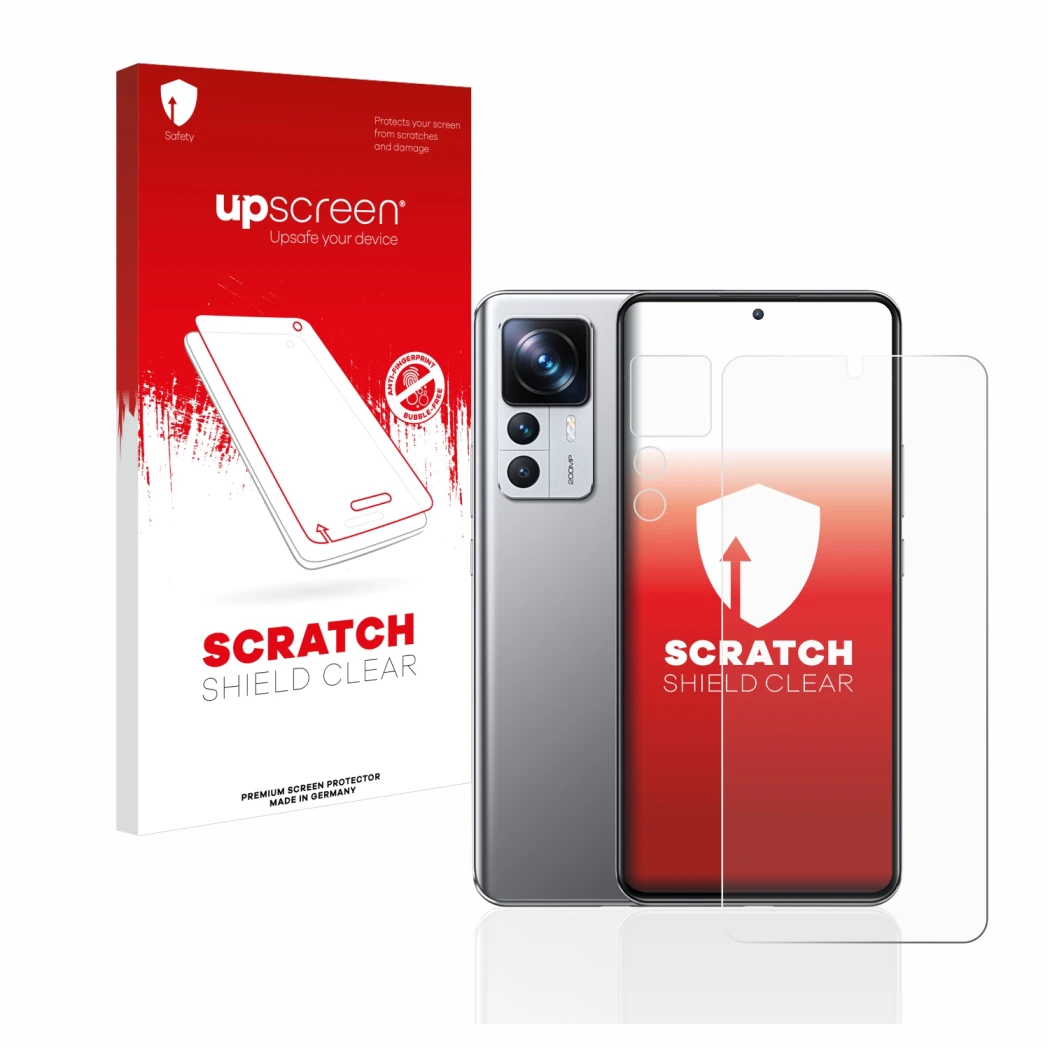 Front side of a product packaging with the brand logo upscreen. Next to it is the device Xiaomi 12T Pro (Front+Camera) shown w