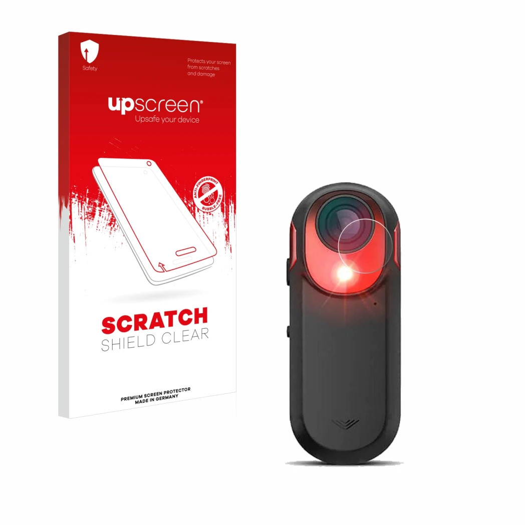 Front side of a product packaging with the brand logo upscreen. Next to it is the device Garmin Varia RCT 715 shown with the c