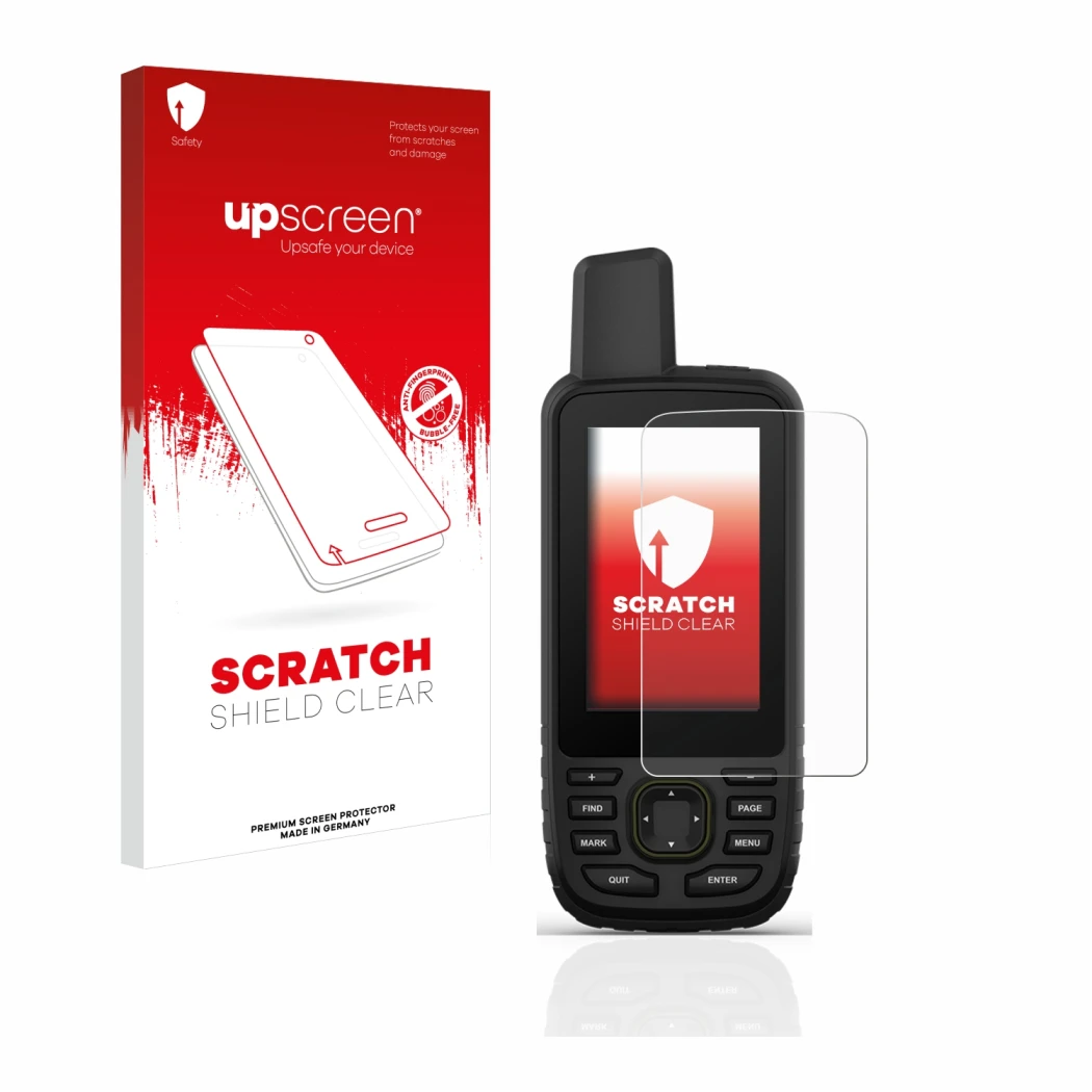 Front side of a product packaging with the brand logo upscreen. Next to it is the device Garmin GPSMAP 67 shown with the corre