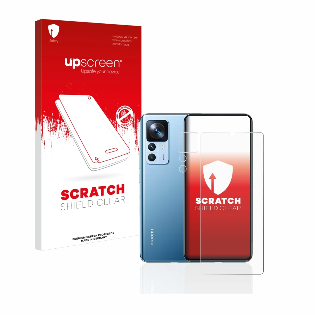 Front side of a product packaging with the brand logo upscreen. Next to it is the device Xiaomi 12T (Front+Camera) shown with 
