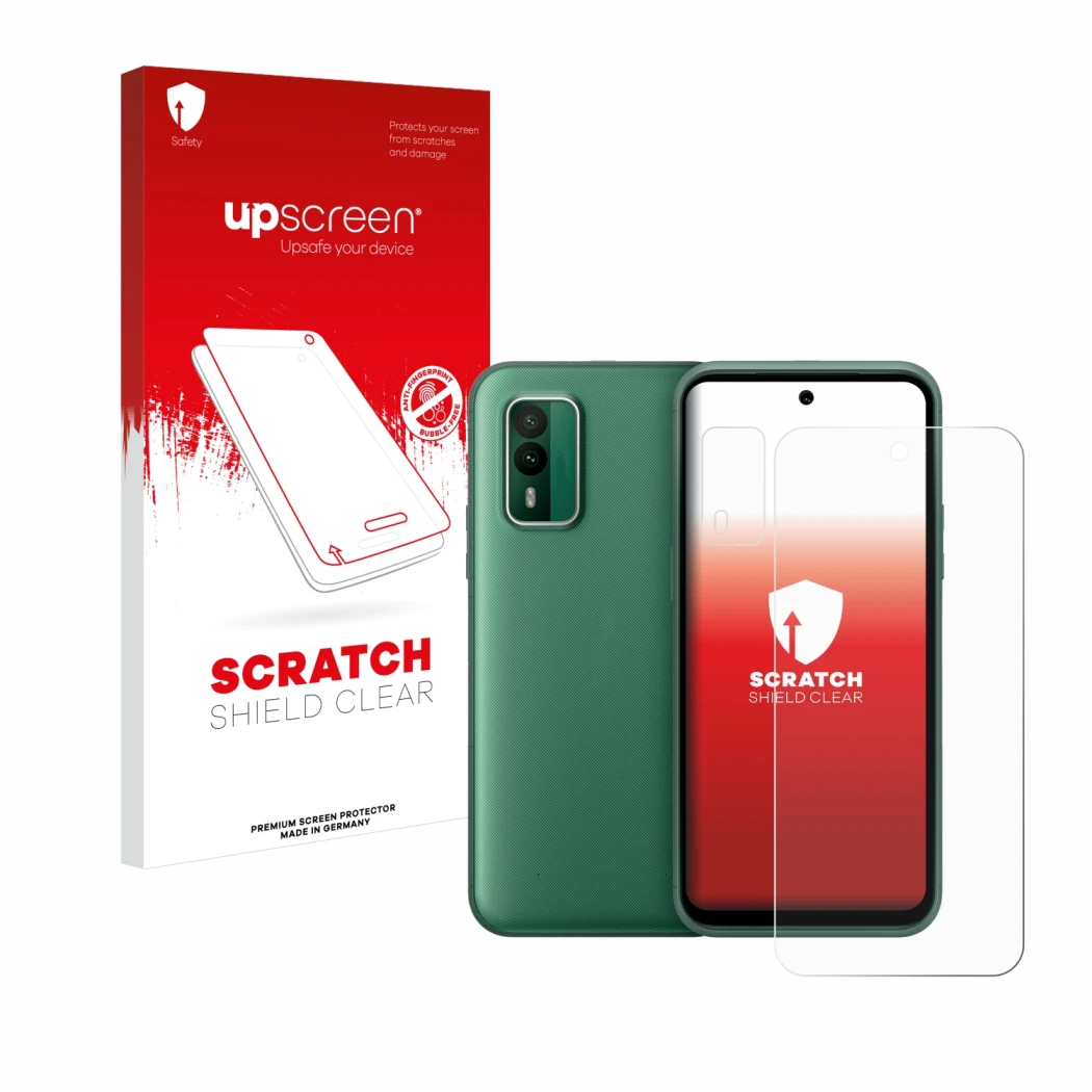 Front side of a product packaging with the brand logo upscreen. Next to it is the device Nokia XR21 (Front+Camera) shown with