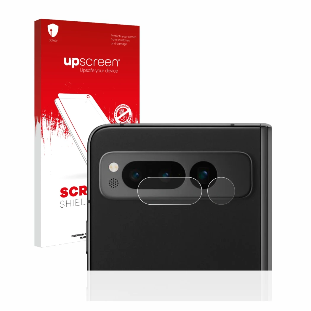 Front side of a product packaging with the brand logo upscreen. Next to it is the device Google Pixel Fold (ONLY Camera Lens)
