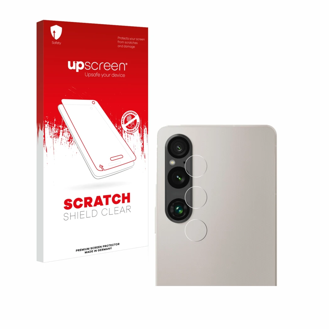 Front side of a product packaging with the brand logo upscreen. Next to it is the device Sony Xperia 1 V (ONLY Camera Lens) sh