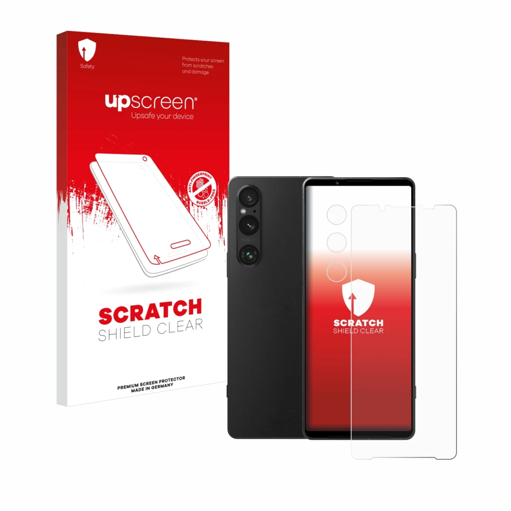 Front side of a product packaging with the brand logo upscreen. Next to it is the device Sony Xperia 1 V (Front+Camera) shown