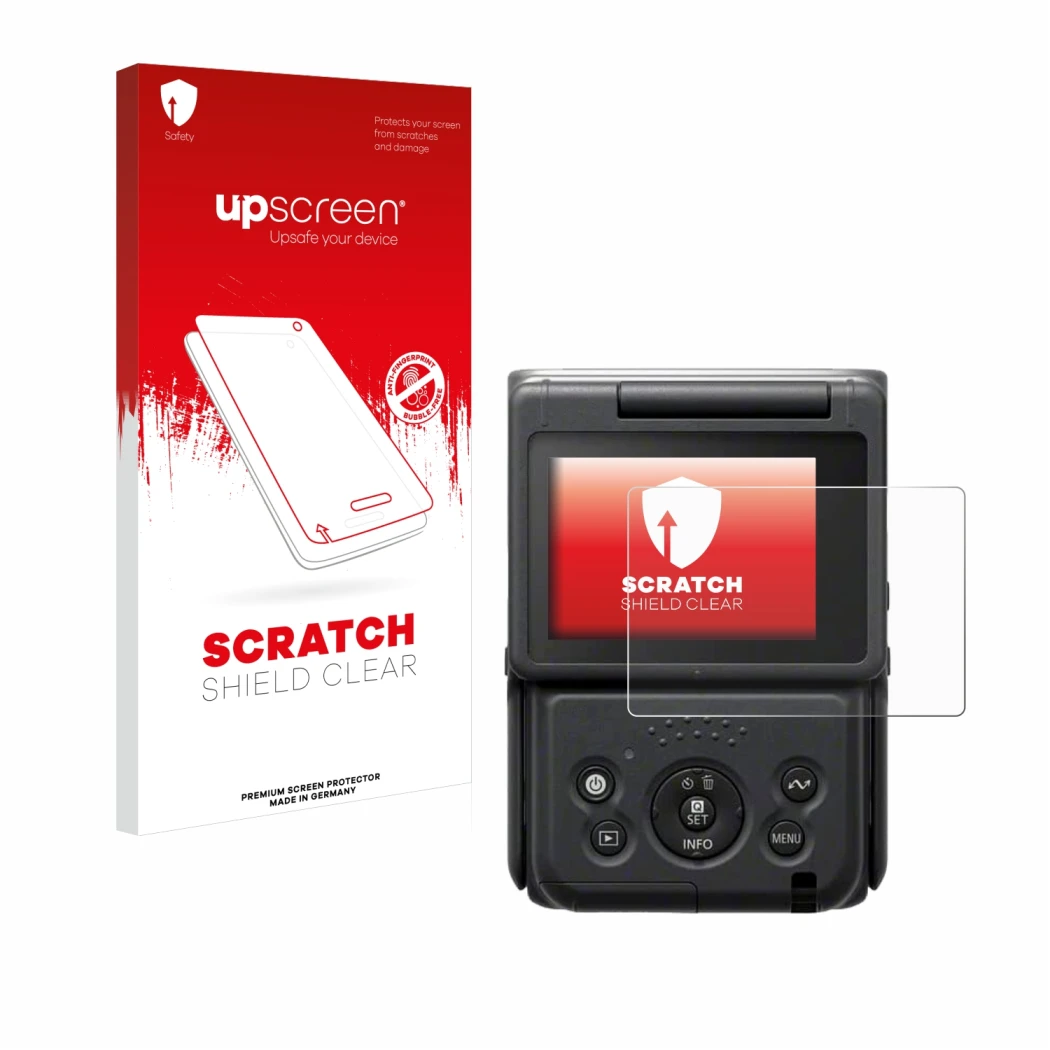 Front side of a product packaging with the brand logo upscreen. Next to it is the device Canon PowerShot V10 Vlog Camera shown