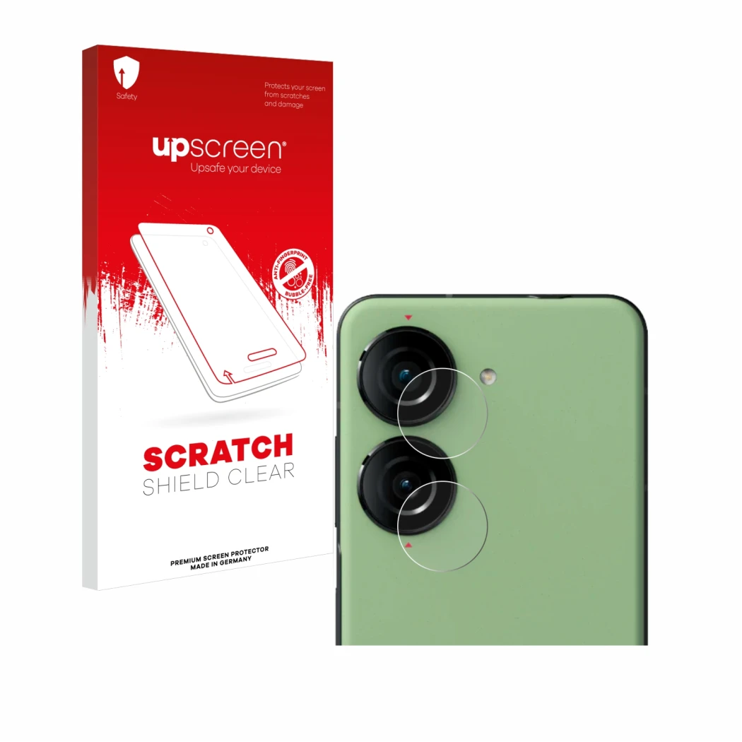 Front side of a product packaging with the brand logo upscreen. Next to it is the device ASUS ZenFone 10 (ONLY Camera Lens) sh