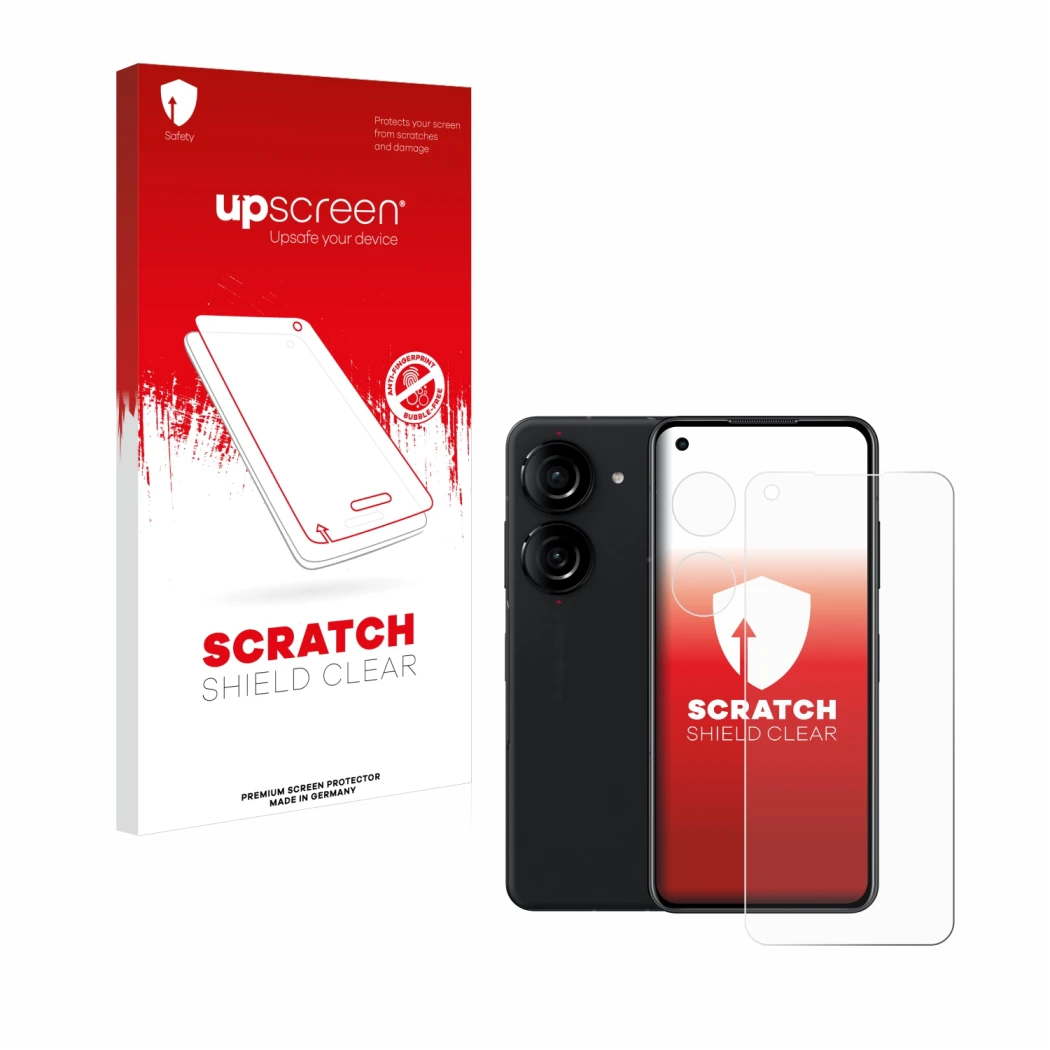 Front side of a product packaging with the brand logo upscreen. Next to it is the device ASUS ZenFone 10 (Front+Camera) shown 