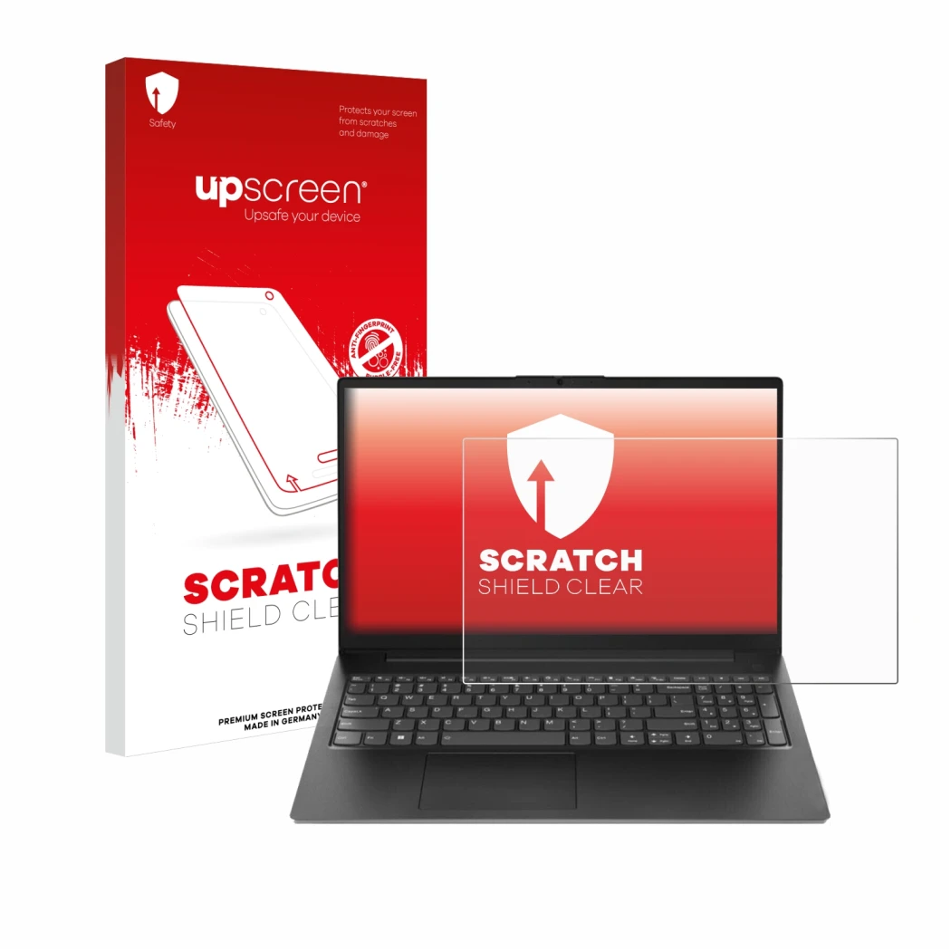 Front side of a product packaging with the brand logo upscreen. Next to it is the device Lenovo V15 Gen 4 AMN shown with the c