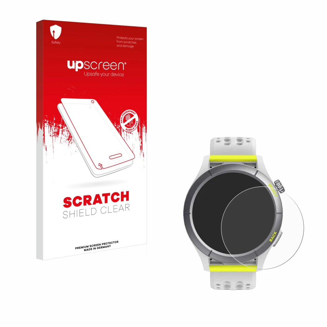 Front side of a product packaging with the brand logo upscreen. Next to it is the device Huami Amazfit Cheetah shown with the