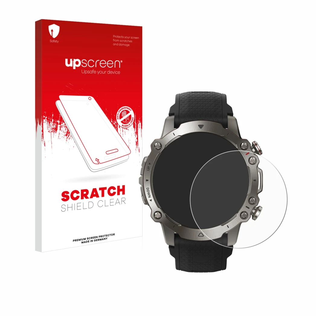 Front side of a product packaging with the brand logo upscreen. Next to it is the device Huami Amazfit Falcon shown with the c