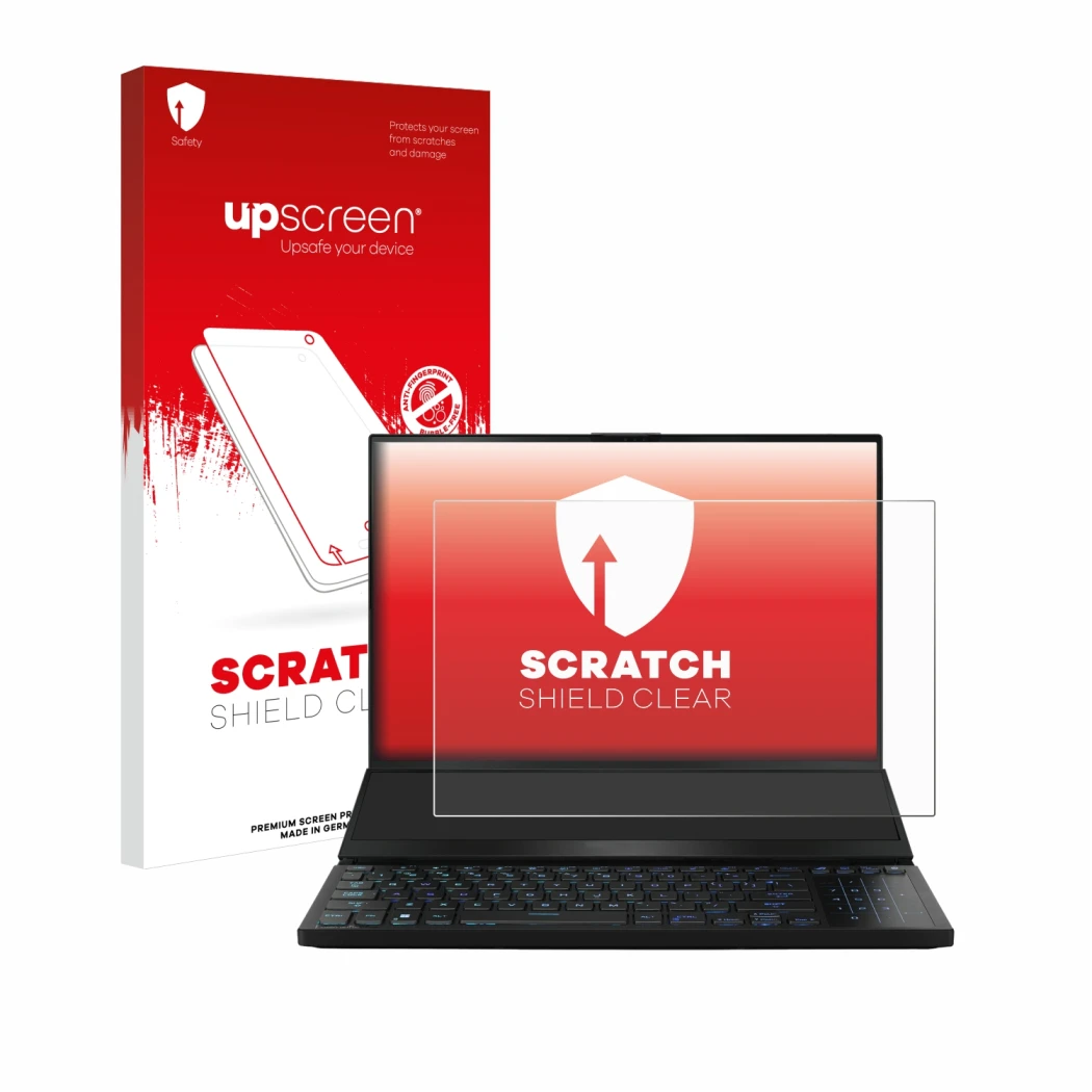 Front side of a product packaging with the brand logo upscreen. Next to it is the device ASUS ROG Zephyrus Duo 16 2023 shown w