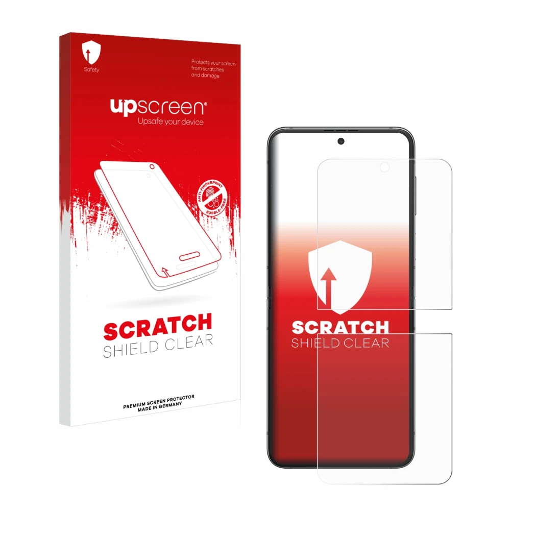 Front side of a product packaging with the brand logo upscreen. Next to it is the device Samsung Galaxy Z Flip 5 shown with th