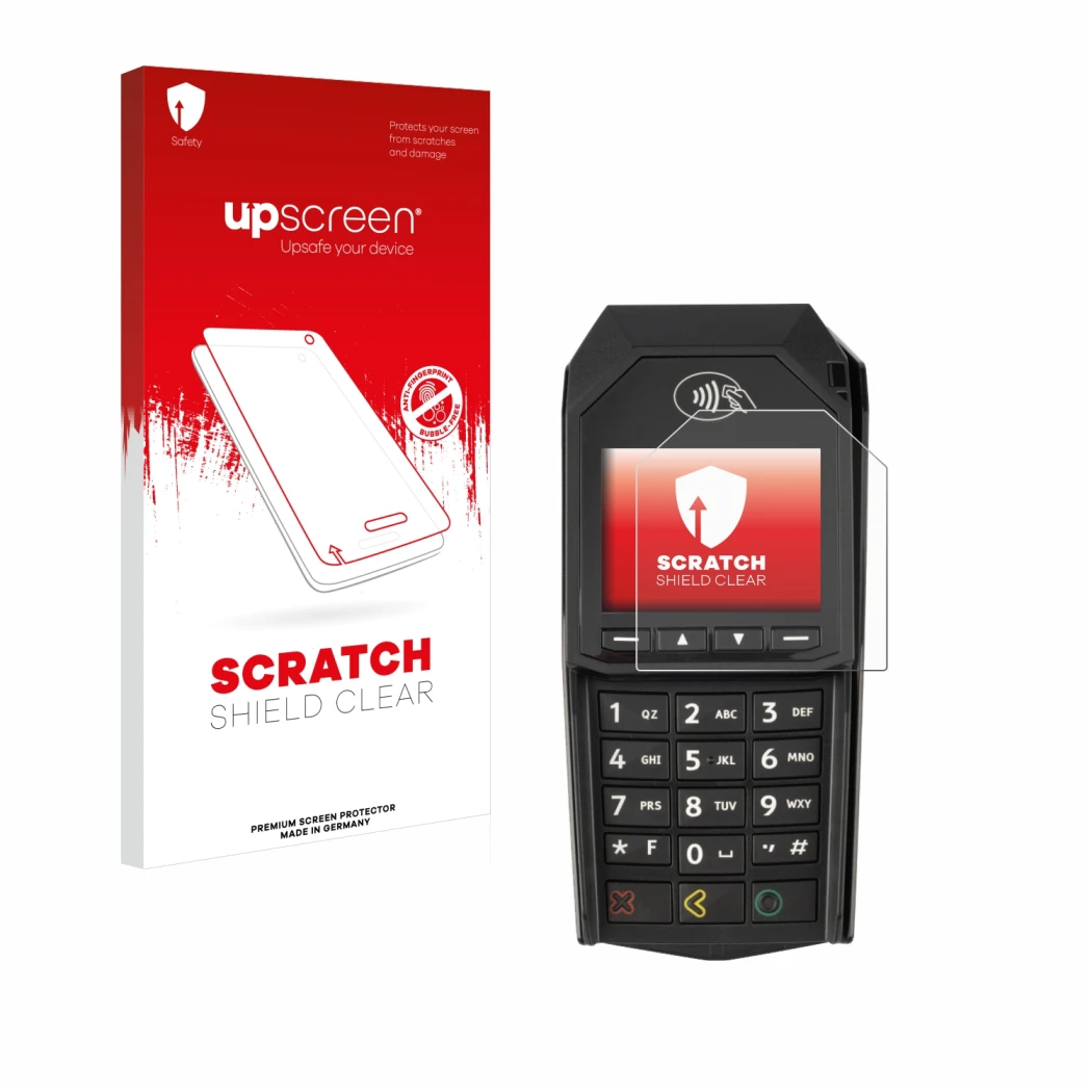 Front side of a product packaging with the brand logo upscreen. Next to it is the device ingenico Lane/3000 (non-touch) shown
