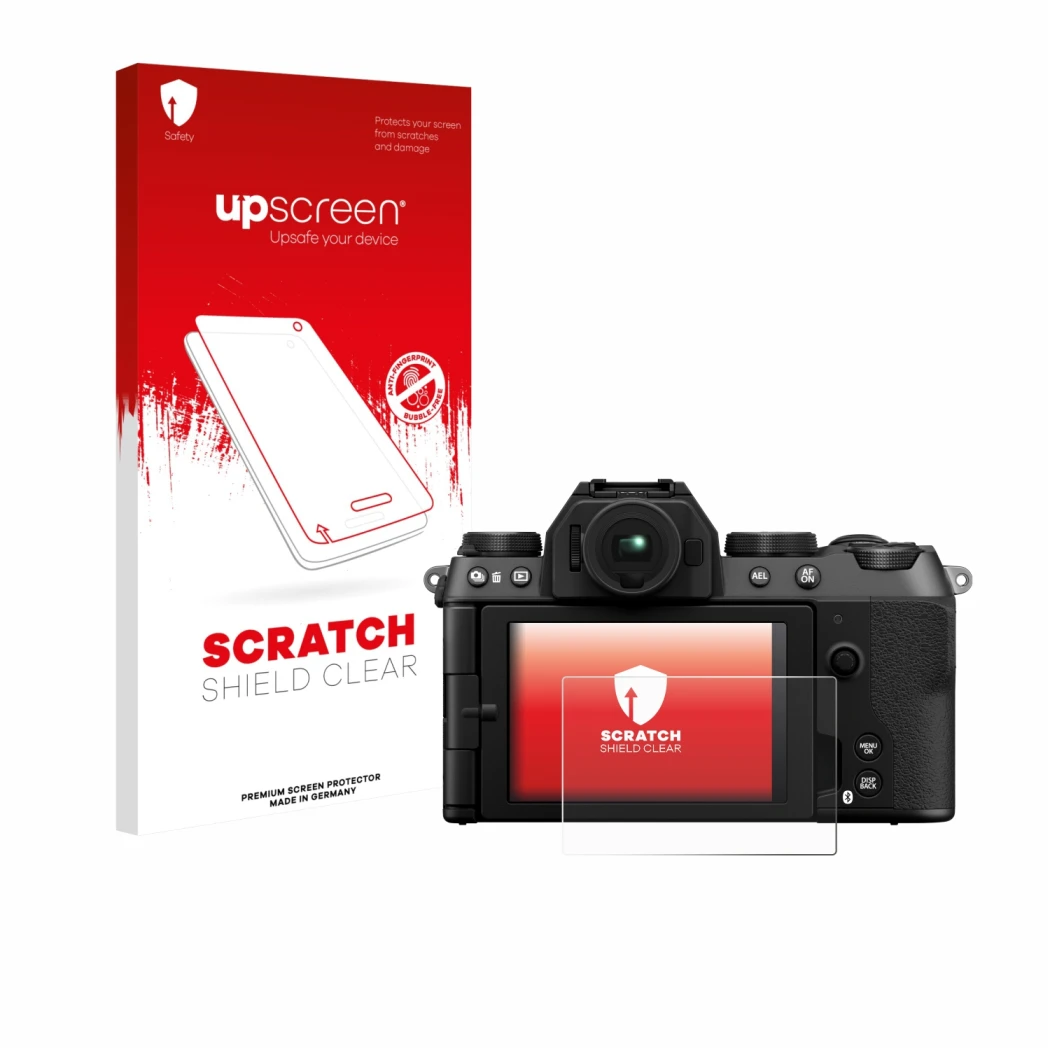 Front side of a product packaging with the brand logo upscreen. Next to it is the device Fujifilm X-S20 shown with the corresp