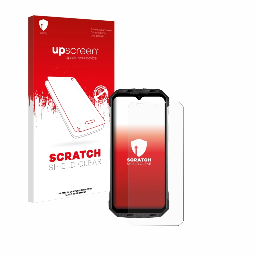 Front side of a product packaging with the brand logo upscreen. Next to it is the device Doogee S110 shown with the correspond