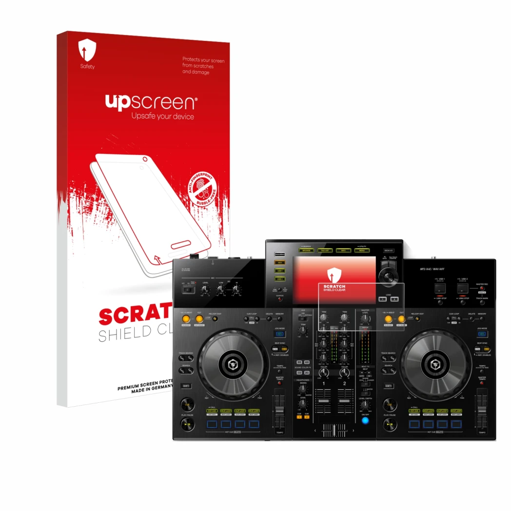 Front side of a product packaging with the brand logo upscreen. Next to it is the device Pioneer XDJ -RR shown with the corres