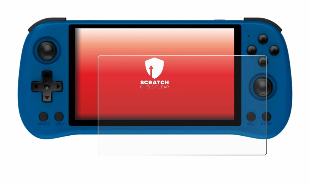 Image of the device Powkiddy X55 with a wide variety of screen protectors.