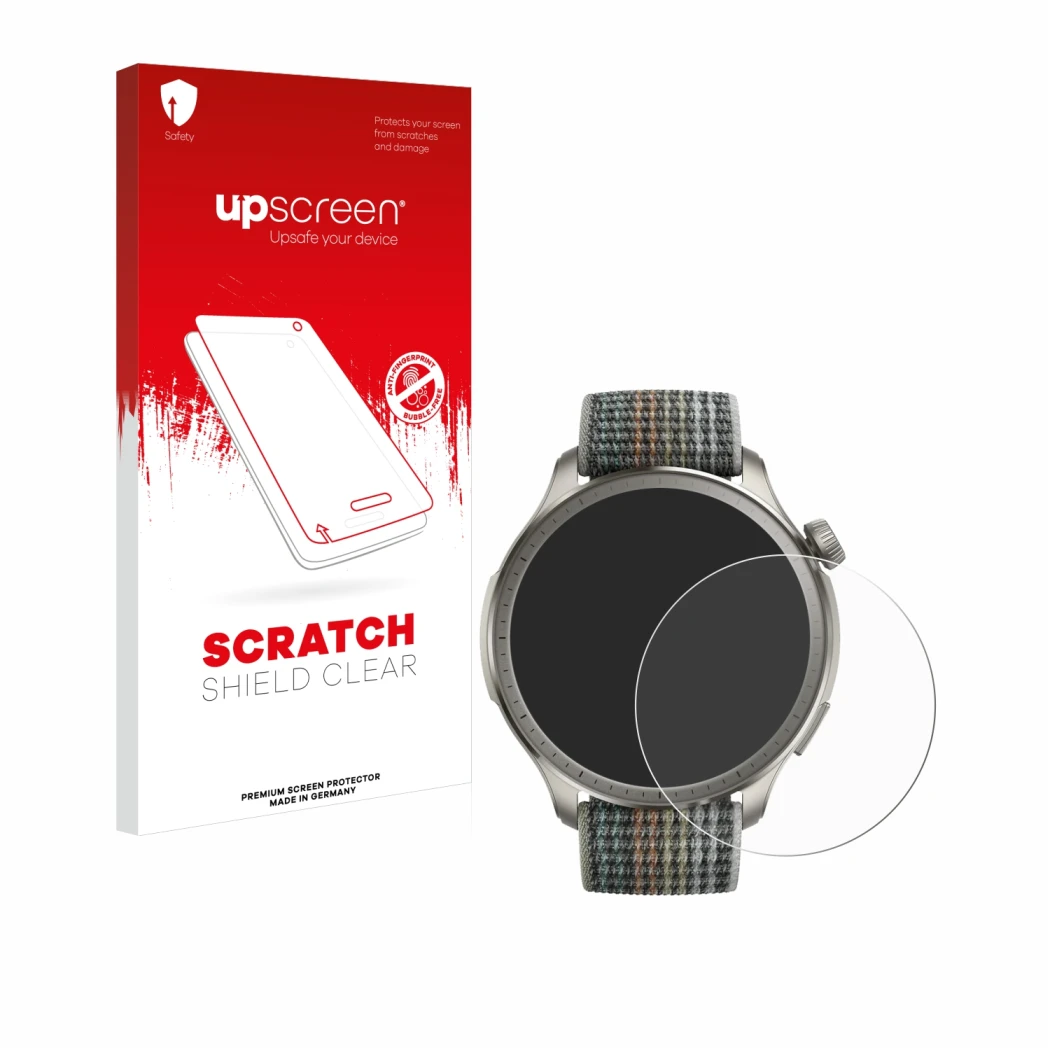 Front side of a product packaging with the brand logo upscreen. Next to it is the device Huami Amazfit Balance shown with the