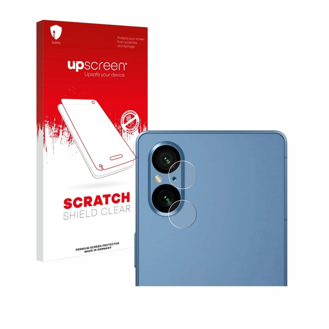 Front side of a product packaging with the brand logo upscreen. Next to it is the device Sony Xperia 5 V (ONLY Camera Lens) sh