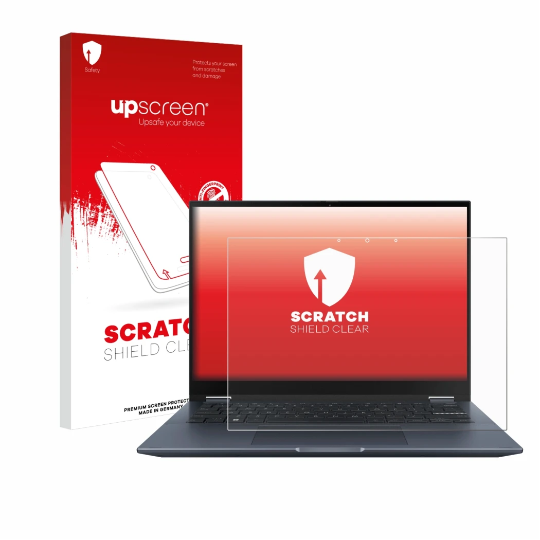 Front side of a product packaging with the brand logo upscreen. Next to it is the device ASUS Vivobook S 14 Flip TP3402 shown