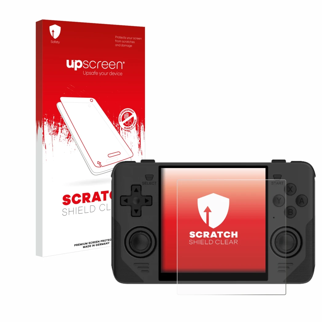 Front side of a product packaging with the brand logo upscreen. Next to it is the device Powkiddy RGB30 shown with the corresp