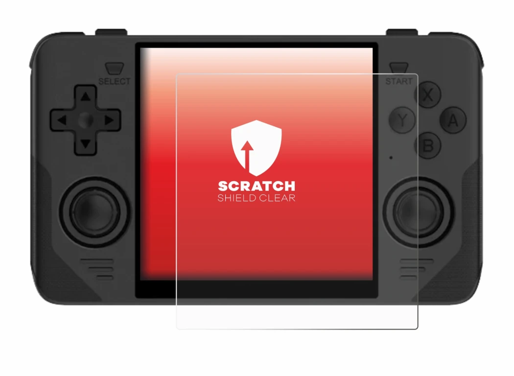 Image of the device Powkiddy RGB30 with a wide variety of screen protectors.