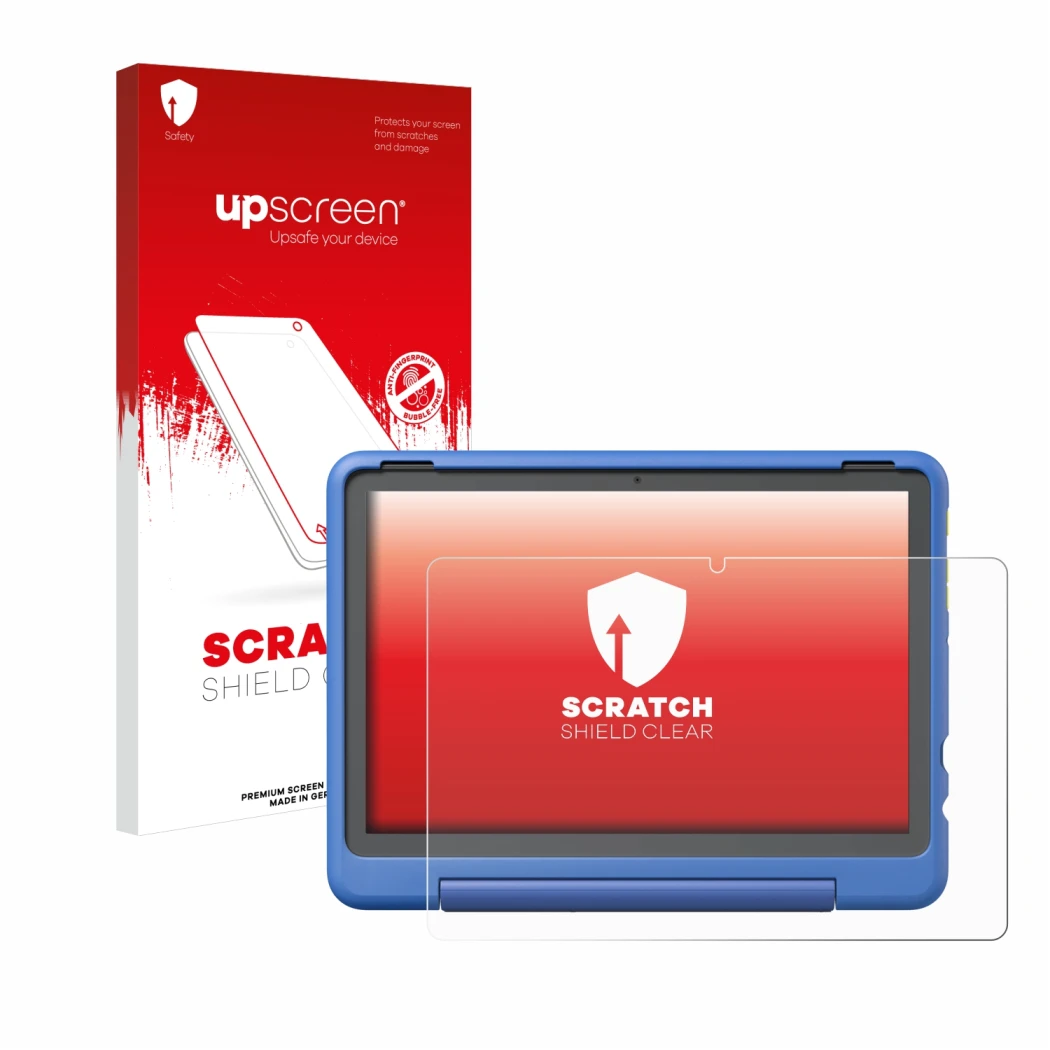 Front side of a product packaging with the brand logo upscreen. Next to it is the device Amazon Fire HD 10 Kids Pro 2023 shown