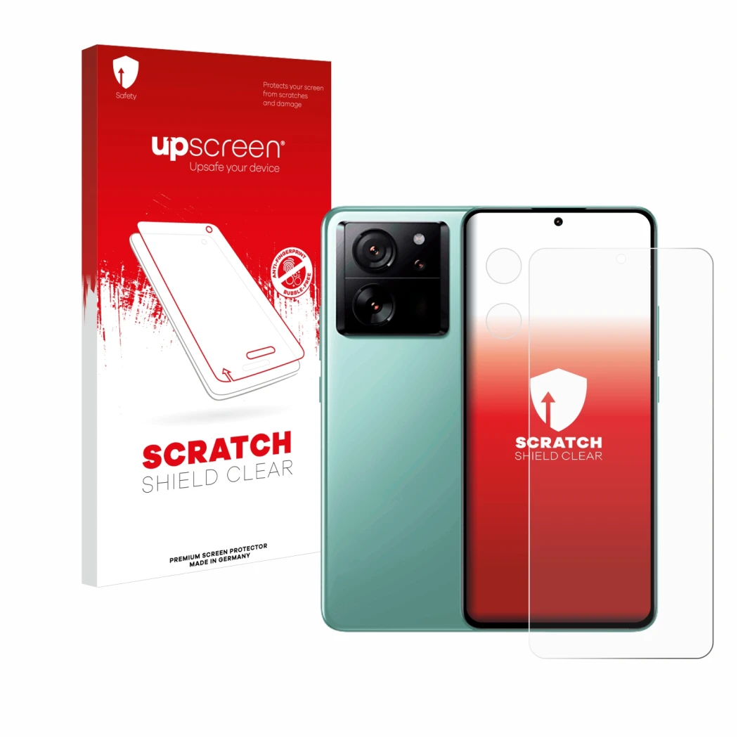 Front side of a product packaging with the brand logo upscreen. Next to it is the device Xiaomi 13T (Front+Camera) shown with 