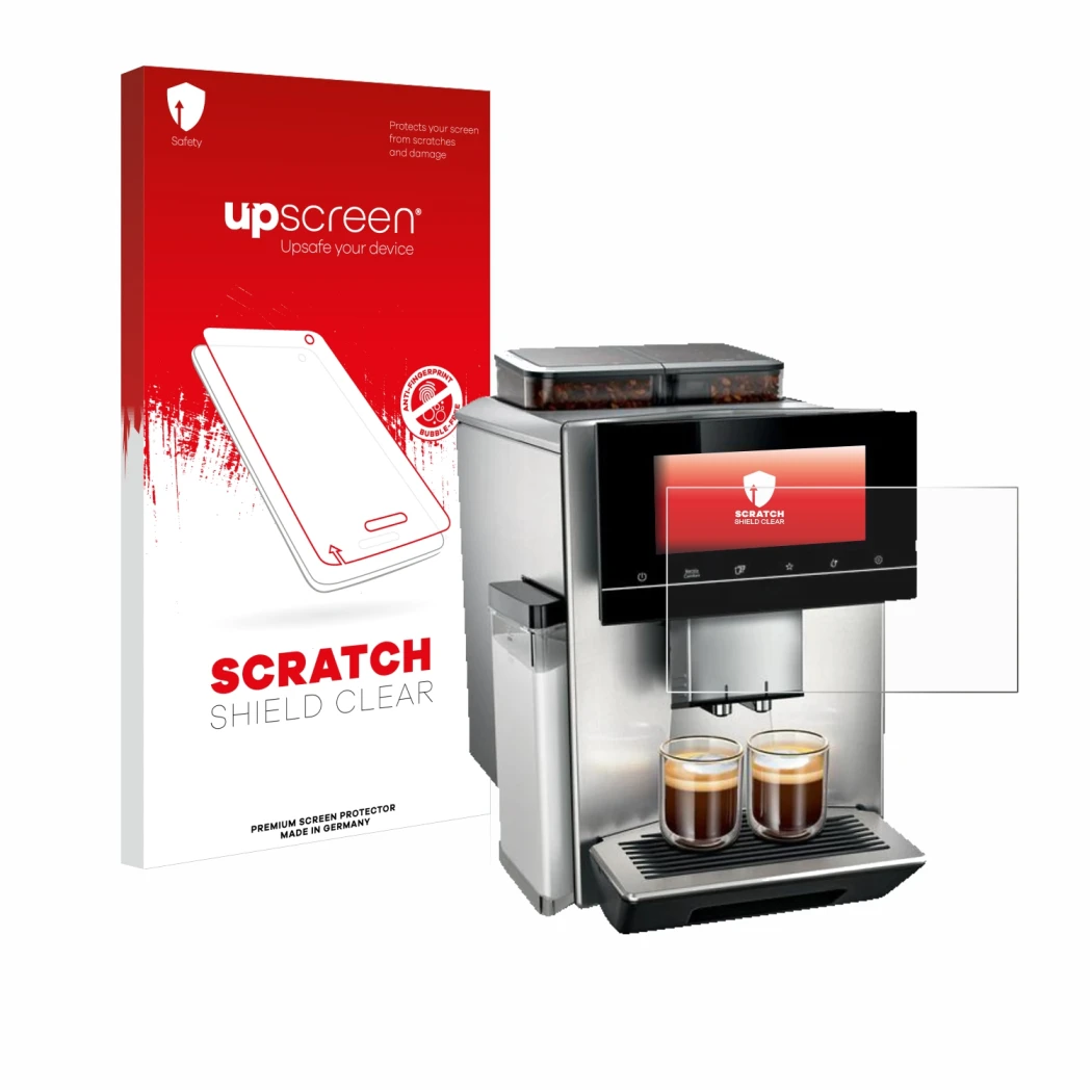 Front side of a product packaging with the brand logo upscreen. Next to it is the device Siemens EQ900 TQ907D03 shown with the