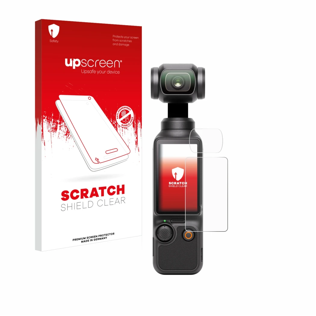Front side of a product packaging with the brand logo upscreen. Next to it is the device DJI Osmo Pocket 3 (Display + Lens) sh