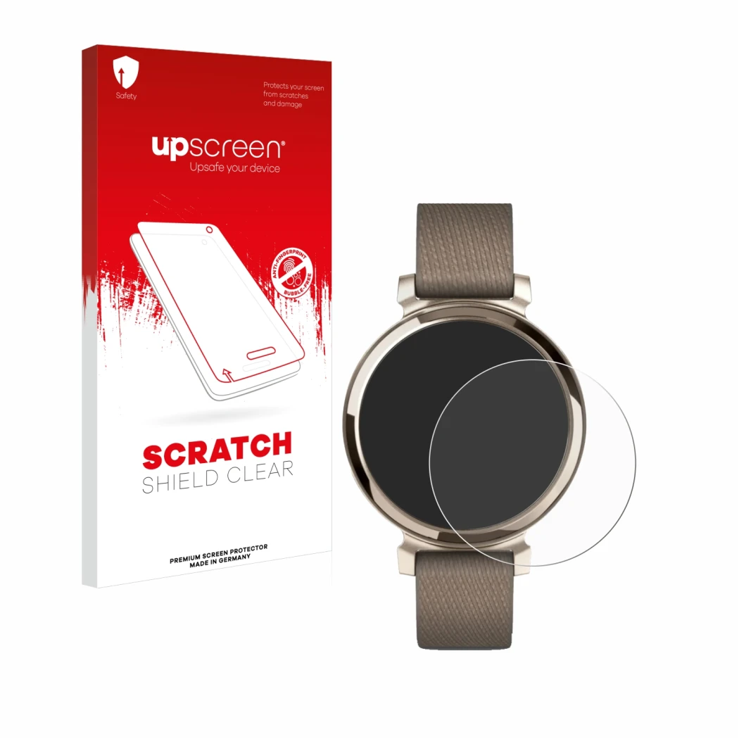 Front side of a product packaging with the brand logo upscreen. Next to it is the device Garmin Lily 2 shown with the correspo