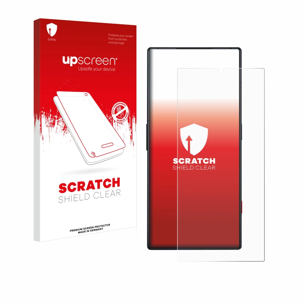Front side of a product packaging with the brand logo upscreen. Next to it is the device ZTE Nubia Red Magic 8 Pro shown with 