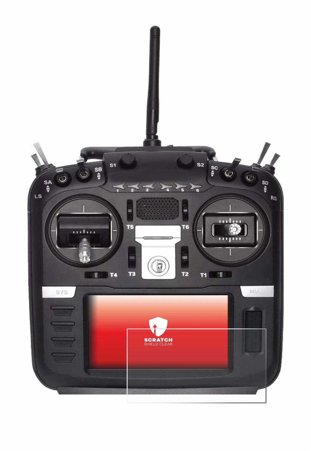 Image of the device Radiomaster TX16S Mark II with a wide variety of screen protectors.