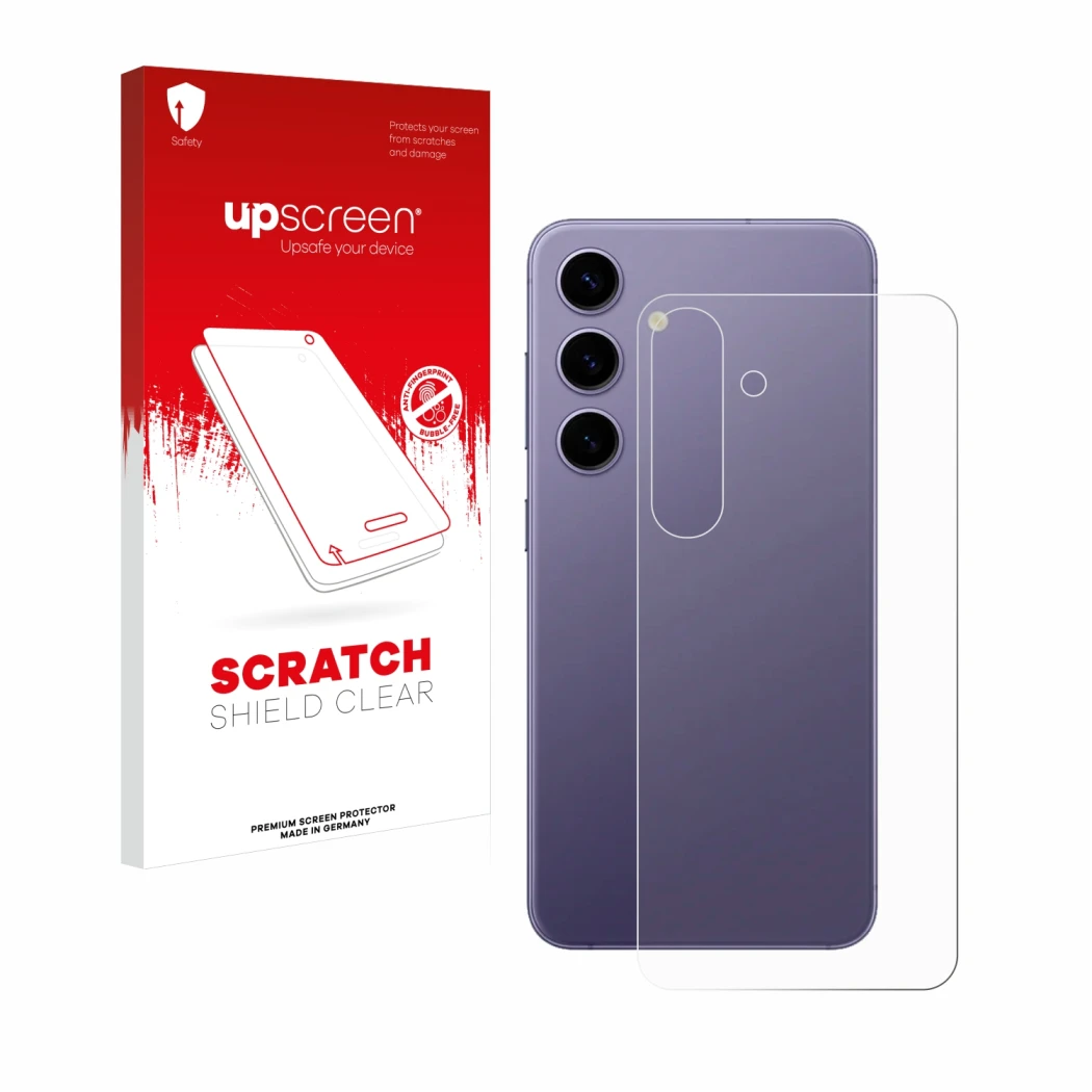 Front side of a product packaging with the brand logo upscreen. Next to it is the device Samsung Galaxy S24 (Back) shown with 