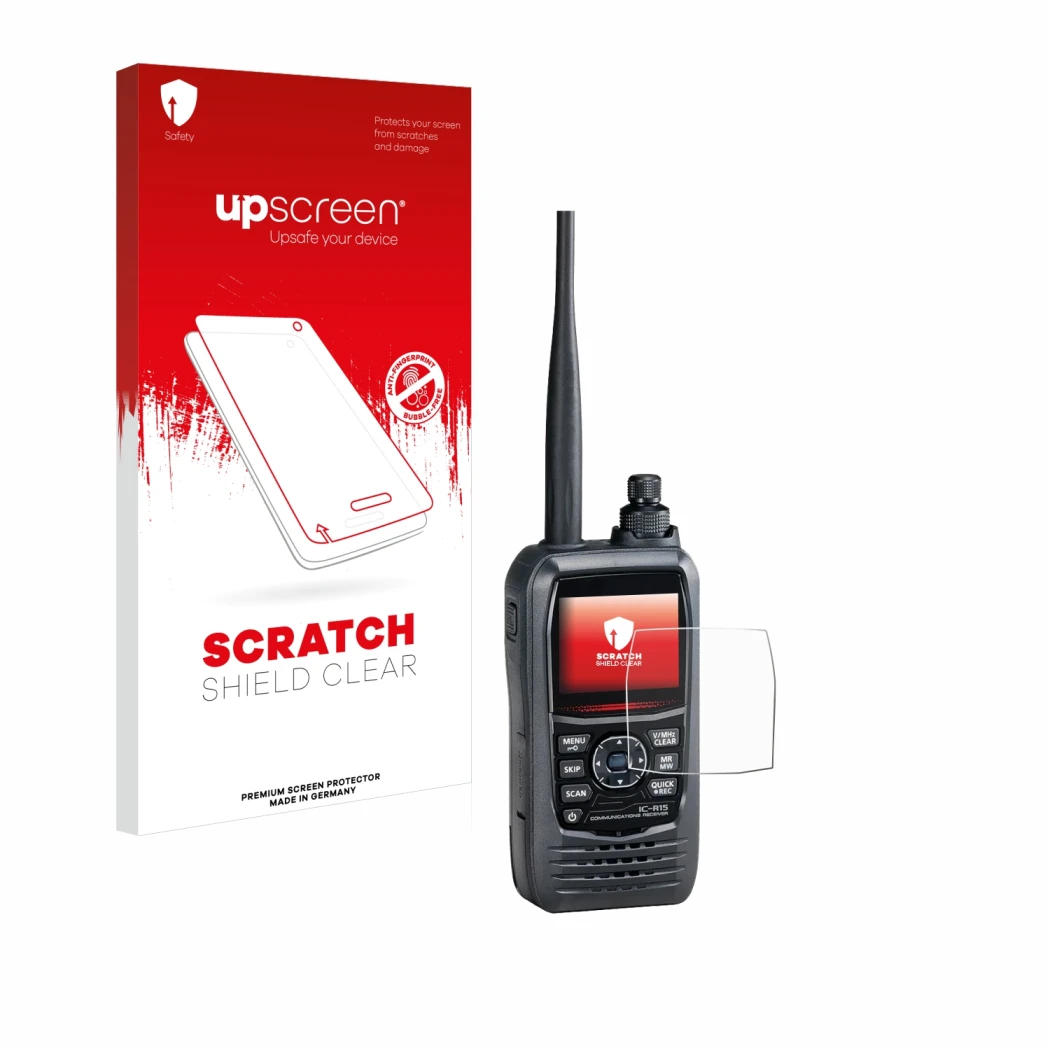 Front side of a product packaging with the brand logo upscreen. Next to it is the device Icom IC-R15 shown with the correspond