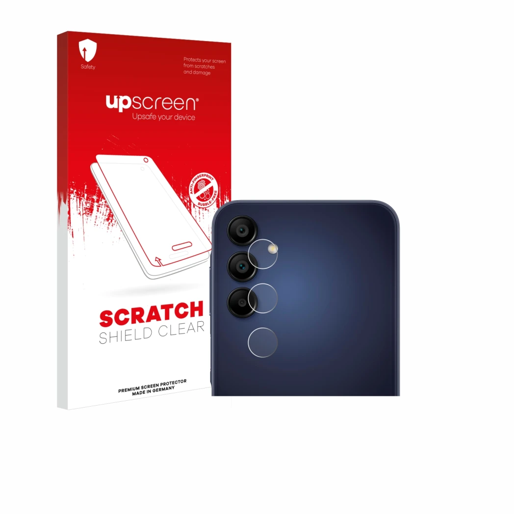Front side of a product packaging with the brand logo upscreen. Next to it is the device Samsung Galaxy A15 (ONLY Camera Lens)