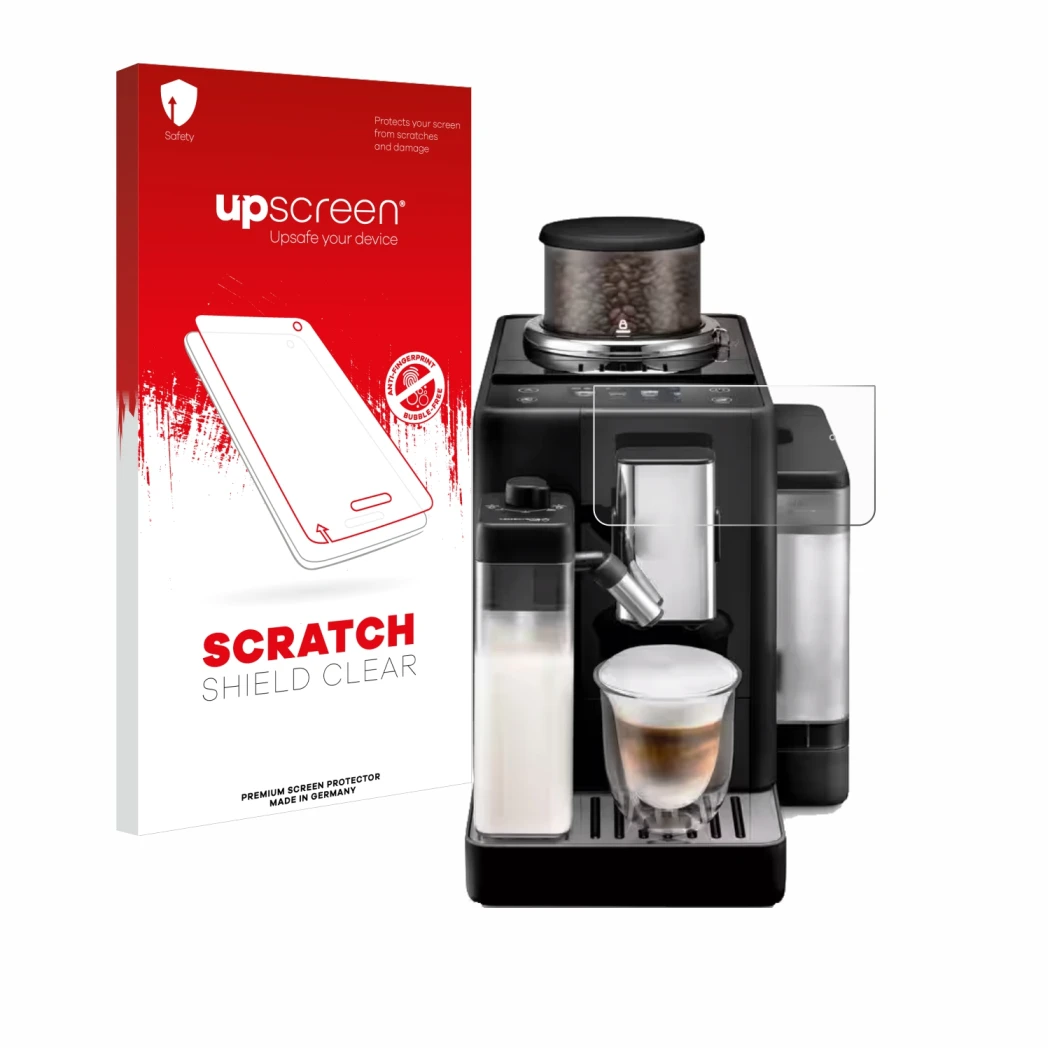 Front side of a product packaging with the brand logo upscreen. Next to it is the device DeLonghi Rivelia shown with the corre