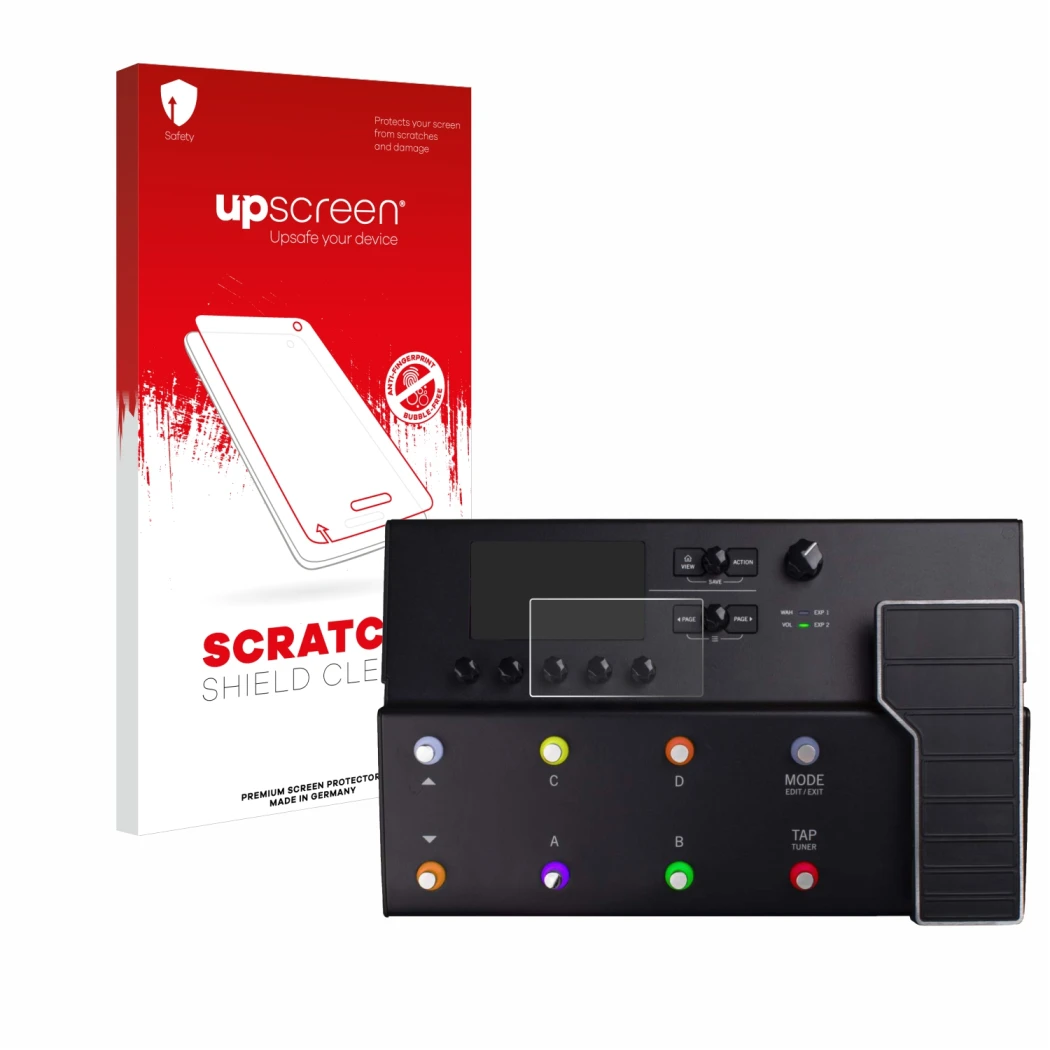 Front side of a product packaging with the brand logo upscreen. Next to it is the device Line 6 POD GO shown with the correspo