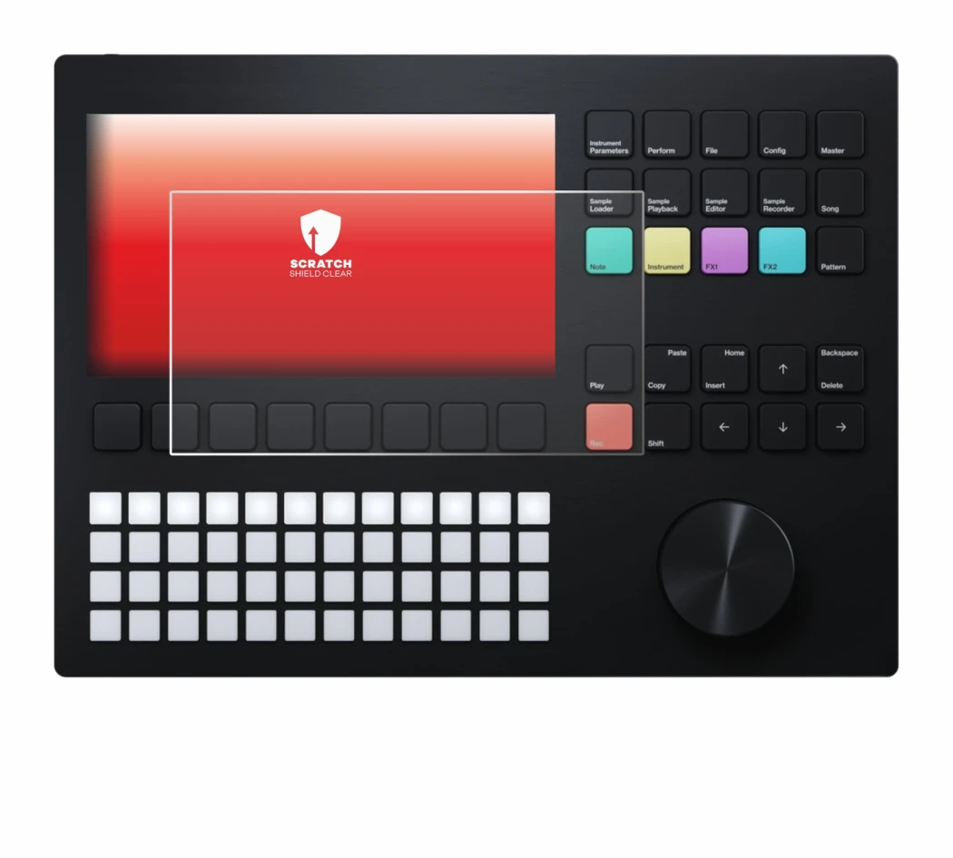 Image of the device Polyend Tracker with a wide variety of screen protectors.